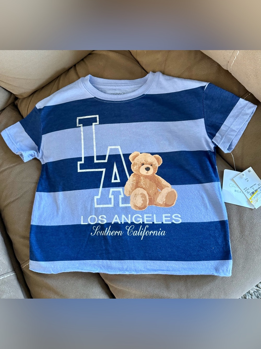 Los Angeles Teddy Bear Striped Kids Tee - Light Blue & Navy NOWT